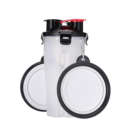 Portable Pet Water Bottle and Food Container for Travel 2 in 1 Dual Chamber Bottle with 2 Collapsible Bowls Dogs Cats Feeder Food Water Bottle
