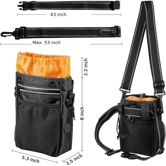 Dog Treat Pouch Bag with Poop Bag Holder, Waterproof Puppy Training Walking Bag W/Shoulder Strap, Waist Belt and Clip, Easily Carrying Dog Toys, Food