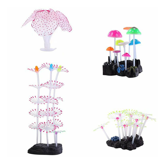 Perle Raregb - Aquarium Decoration Coral Silicone Flexible Coral Mushroom Glowing Corail Decoration Glowing Fish Tank Decoration Set of 4 Rooms
