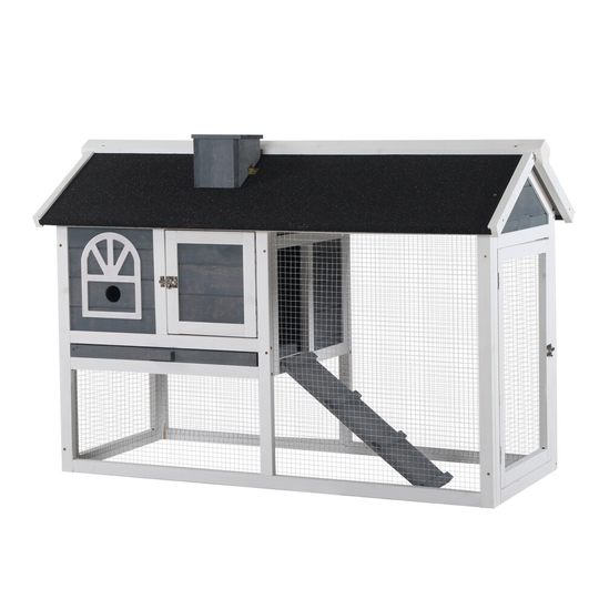 PawHut Rabbit Hutch Wood Bunny Cage for Outdoor Indoor with Tray Grey