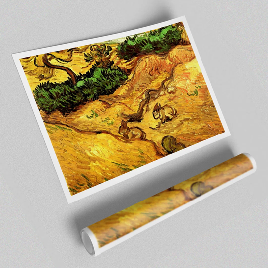 Van Gogh Field With Two Rabbits Art Classic Print Poster - Graphic Art on Paper