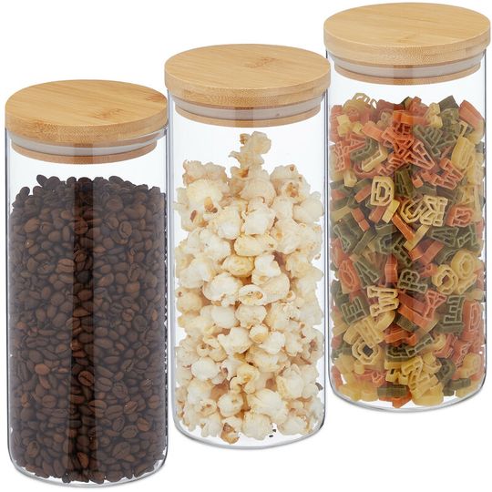 Relaxdays - Storage Jars in Set of Three, Bamboo Airtight Lids, 1300ml Each, Dry Food Storage, Glass, Transparent/Brown