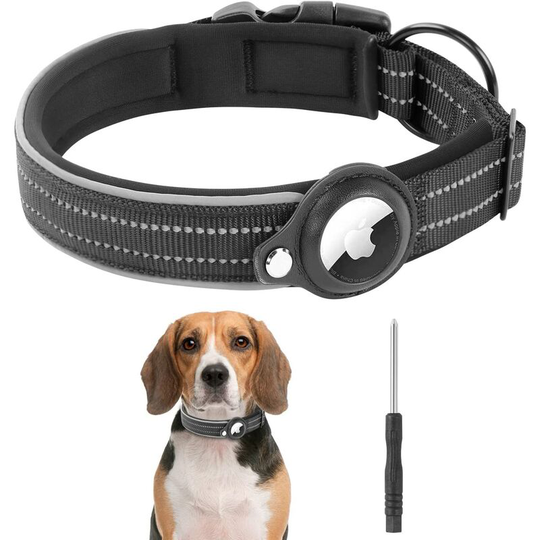 Dog Collar, Neoprene Padded Soft Nylon Dog Collar with Leather Airtag Holder for Small/Medium/Large Dogs, Comfort Adjustable Reflective Dog Collar