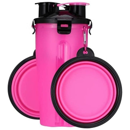 Portable Dog Water Bottle with 2 Folding Bowls, 1 Cat Water Bottle and Dog Food, Travel Bottle for Walking, Exercising, Hiking and Camping (Pink)