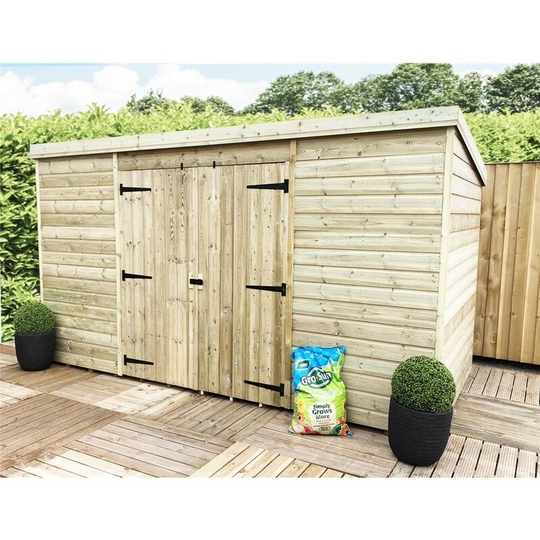 14 x 4 Pressure Treated Windowless Tongue And Groove Pent Shed With Double Doors (Centre)