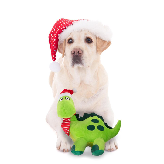 Plush Christmas Dinosaur Dog Toy Pet Gift Xmas Squeaker Green Red