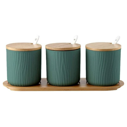 Ceramic condiment jar with lids Spoons Wooden serving tray