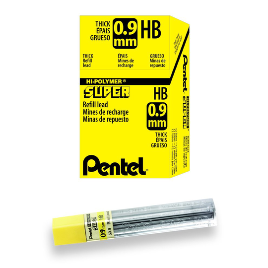 Pentel Super Hi-Polymer Refill Leads 0.9 mm, Grade HB (Pack of 12 Tubes)