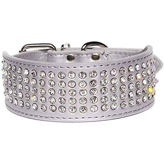 Luxury Rhinestone Leather Dog Collar for Large, Medium and Small Dogs, Shiny Five Diamond Drainage Collar.(Silver,L)