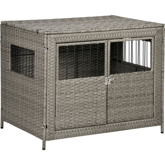 Wicker Dog Cage Crate w/ Cushion for Medium Large Dogs, 85 x 61 x 70 cm - Grey - Pawhut