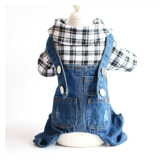 Dog tweed plaid denim 4 feet single layer coat Dog denim jumpsuit overalls, fashionable pet denim overalls costume, comfortable puppy costume, dog