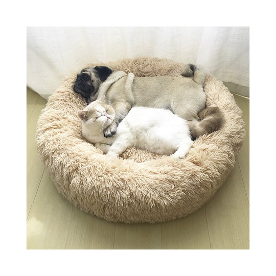 (100CM) Apricot Round Cat Dog Cushion Faux Fur Fluffy Shaggy Sheepskin Pet Bed