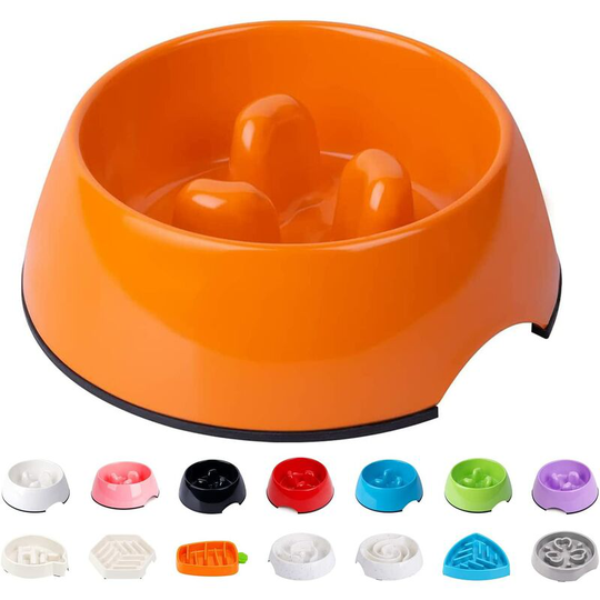 Orange-Anti Glutton Bowl for Dog Cat, Non-Slip Feeding Bowl that Promotes Slower Food Intake, Interactive Anti-Bloat Melamine Bowl