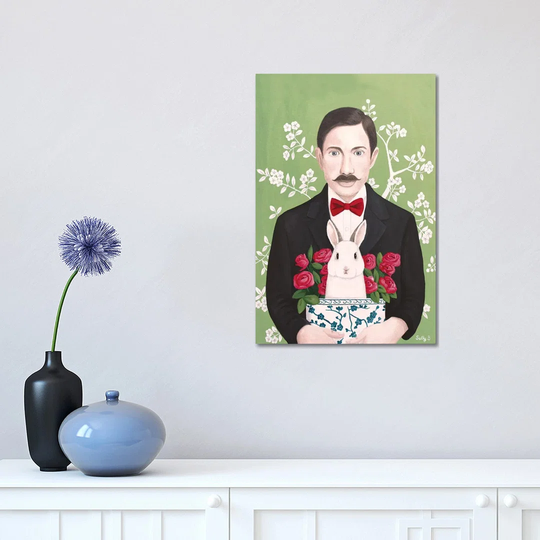 Man with Rabbit and Roses by Sally B - Wrapped Canvas Painting