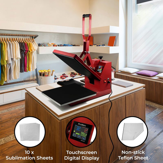 Pixmax - Flat Bed Sublimation Heat Press Machine & Teflon Sheet, 38cm x 38cm, Clam Style, Red - Red