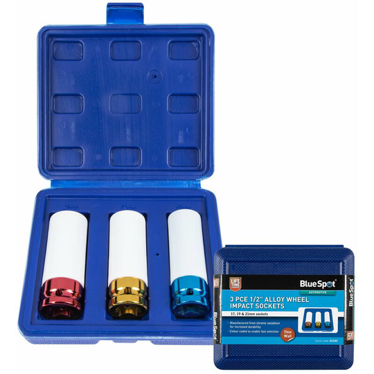 Alloy Wheel Nut Impact Socket Set 1/2' Drive 17 19 & 21mm Deep Sockets - Bluespot
