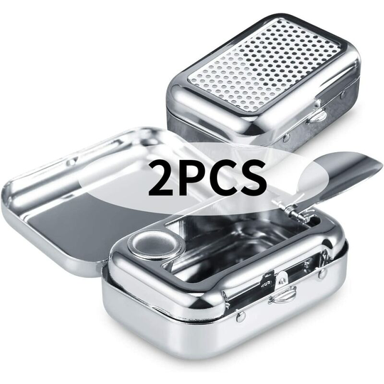 Perle Rare - Portable Ashtray, 2 Pieces Travel Ashtray with Lid, Smell Proof Pocket Ashtray, with Cigarette Holder, Rectangular Box, Silver