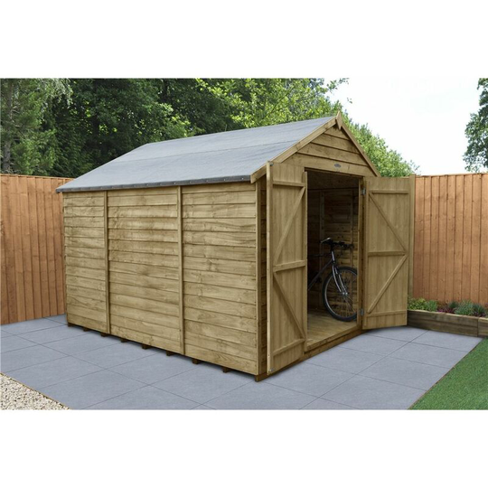 Installed 10ft x 8ft Pressure Treated Overlap Apex Wooden Garden Shed - Double Doors - Windowless (3.1m x 2.5m) - Modular - includes installation