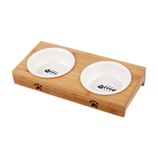 Raised Cat Bowls - Premium Quality Bamboo/Wood Raised Cat Bowl Stand with 2 Cat Bowls - 2 Bowls for your Cat for Water and Food
