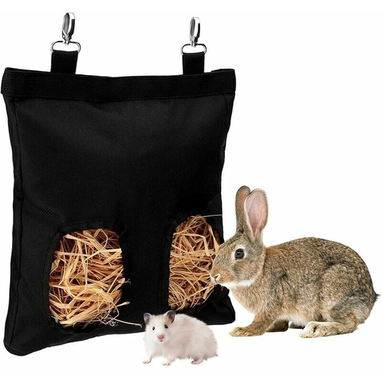 Monly - Guinea Pig Hay Feeder Rabbit Hay Bag Hanging Feeder Bag, Perfect for Small Hay Eating Animals (Black 27cm*22*2cm)