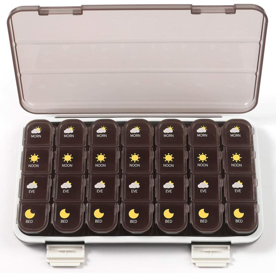 Sun Flowergb - Large Pill Box 4x a Day, 7 Days Weekly Pill Organizer Pill Box with Dust Box for Pills/Vitamins/Fish Oil/Supplements, 28 Compartments