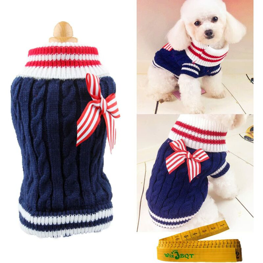 Pet Dog Knitted Sweater Braid Turtleneck Navy Style Bowknot Knitwear Outwear for Dogs and Cats