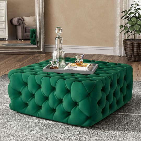 92cm Deep Button Square Velvet Footstool,Green - Livingandhome