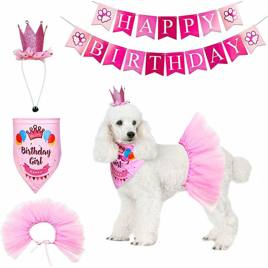 Dog Girl Birthday Bandana - Birthday Party Supplies - Pink Tutu Skirt Crown Hat Scarf Banner Happy Birthday Dog Girl Birthday Outfit for Pet Puppy