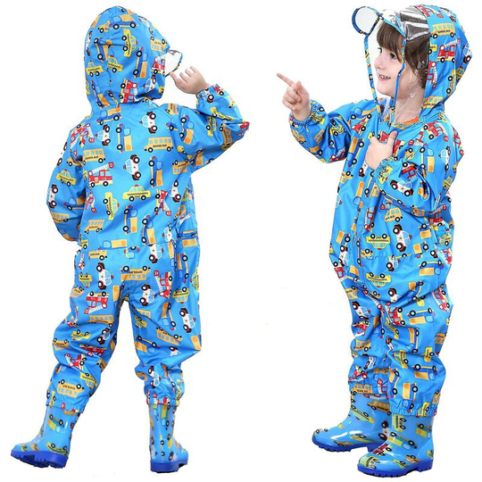 FVO - Kids Puddle Suits Boys Girls Waterproof Hooded Raincoat All In One Rainsuit Lightweight Breathable Rainwear-M
