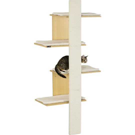 Four-Layer Cat Shelf Wall-Mounted Cat Tree w/ Cushions, Scratching Board - Oak - Pawhut