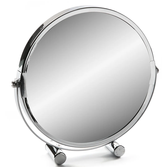 Ebenezer Round Framed Freestanding Makeup/Shaving Mirror in Silver