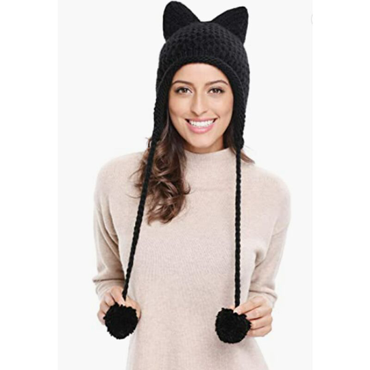 Cute Fox Ear Hat Handmade Stick Needle Knitted Winter Women's Hat Warm Ear Protection Braid Hat (Black)