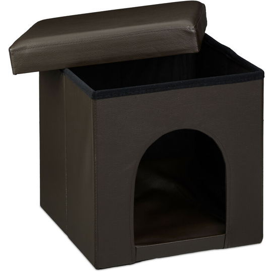 Dog House Ottoman, 38 x 38 x 38 cm, Seat Box with Practical Hole for Pets, Faux Leather, Removable Lid, Brown