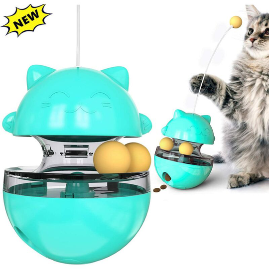 Cat Cup Toy 4 in 1 Interactive Cat Toys with Stick Cat Ball Toy Cat Slow Feeder Food Dispenser Toys Kitten Balls Educational Cat Training Blue
