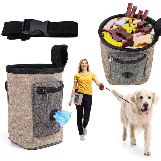 Dog Treat Pouch, Dog Treat Bag for Training Small to Large Dogs, Easily Carries Pet Toys, Kibble, Treats, Built-in Poop Bag Dispenser, brown