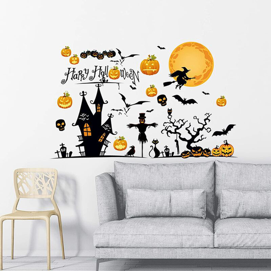 Briday - Halloween Party Wall Stickers,Cats Pumpkins Spooky Cemetery Castle Skeleton,Spider Ghost Trick or Treat Halloween Wall Decals,Witch Bat