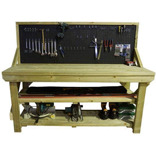 Wooden Pressure Treated Top Workbench With Peg Board, 7ft(210cm), Double shelf