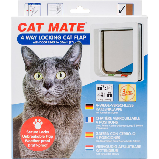 Cat Mate 4 Way Locking Cat Flap with Door Liner to 50mm (2"), White