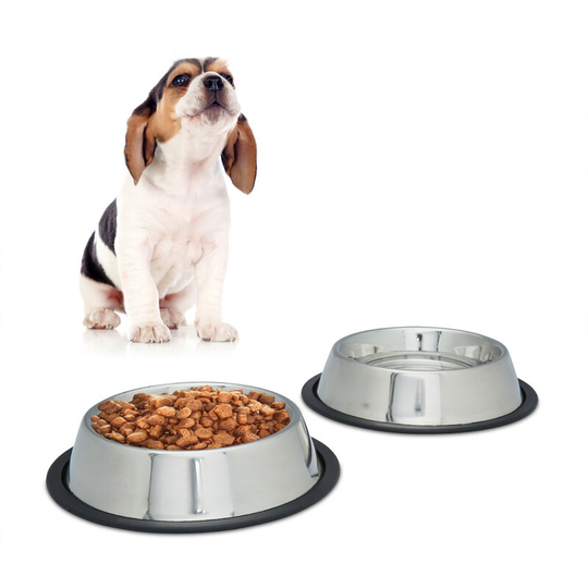 Relaxdays - Dog Feeding Bowl Set of 2, Water Dish, Feeding Station, Non-Slip. Stainless Steel, Size m, 0.5 l, Silver