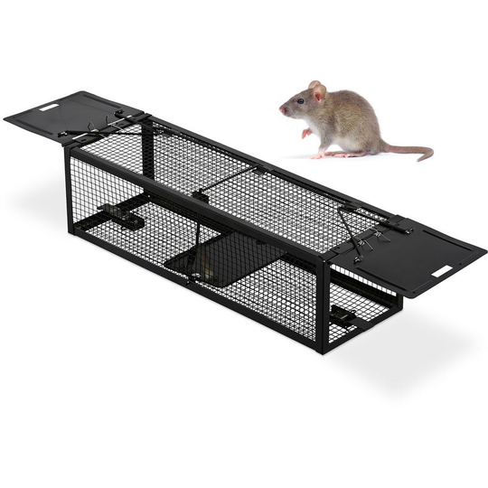Catch & Release Trap, Rats & Mice, Humane, Reusable, 2-Sided Bait Cage, hwd: 11 x 39 x 12.5 cm, Black - Relaxdays