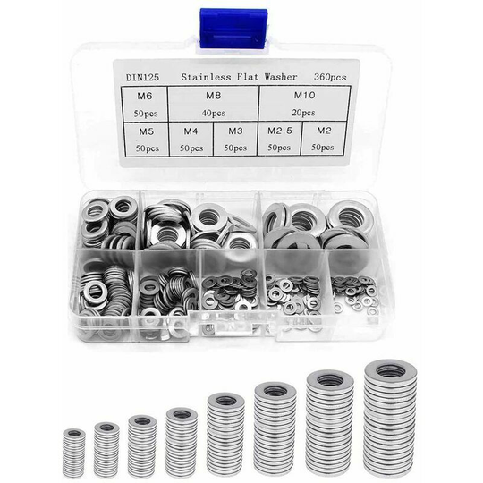 360PCS 304 Stainless Steel Flat Washers Assortment, Metal Washers, Drain Gasket, Door Hinge Washers, Hand Washer Assortment Washers (M2 M2.5 M3 M4 M5