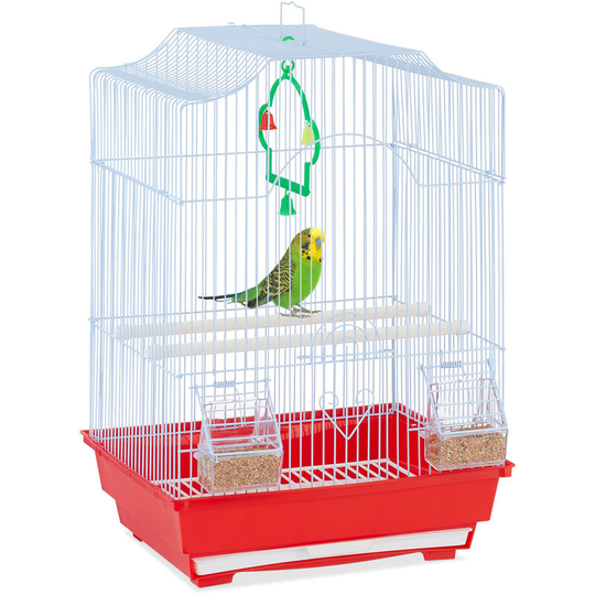 Bird Cage, Birdcage, Perches, Swing, Feeders, h x w x d 49.5 x 34.5 x 31 cm, Red - Relaxdays