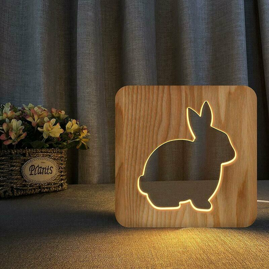 Echoo - Rabbit Night Light For Children Wooden 3d Lamp Creative Wooden Lights Simple Decorative Lights 3d Wood Carving Pattern Led Nightlight For