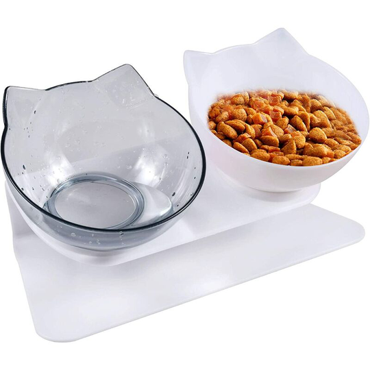 Double Cat Bowl, Cat Bowl, 15° Tilt Double Raised Cat Bowl, Pet Feeder for Cats and Small Dogs (1 White Cat Bowls + 1 Clear)