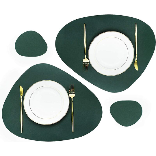 Set of 2 pu Leather Placemats and Coasters, Cobblestone Shape, Heat Insulation Stain-Resistant Non-Slip (Dark Green, 2)