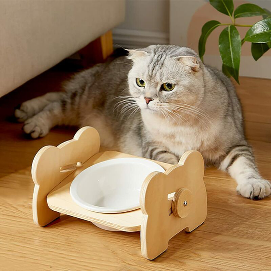 Bearsu - Ceramic Raised Dog Cat Bowl, 15° Tilted Non-Slip Anti-Vomiting Dog Cat Food Bowl, Cat Food Bowl with Wooden Stand for Small Dogs and Cats