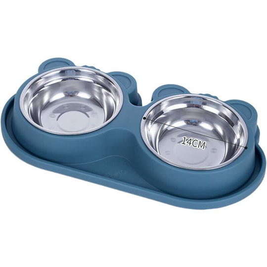 Perle Rare - Double Bowl for Small Cat and Dog, Stainless Steel Non-Slip Non-Spill Bowl for Food and Water (L-38x19cm, Blue)