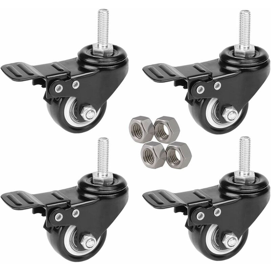 4 Pack 50mm Heavy Duty Black Swivel Rubber Casters with Brake - Polyurethane Castors for Workbench, Furniture - M10x25 Threaded Stud