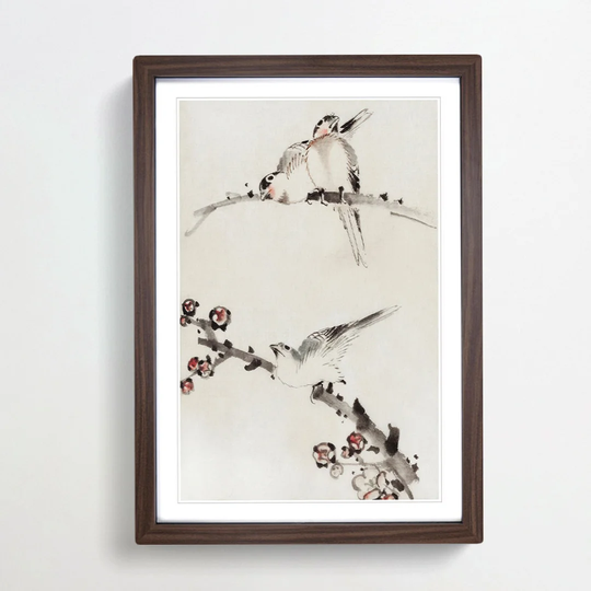 Three Birds Perched on Blossom Branches by Katsushika Hokusai - Picture Frame Painting Print