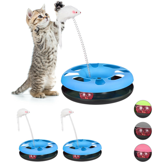 Relaxdays - Set of 3 Cat Toys Carousel with Mouse, Interactive Toy, Ball with Bell, Pet Training, Blue